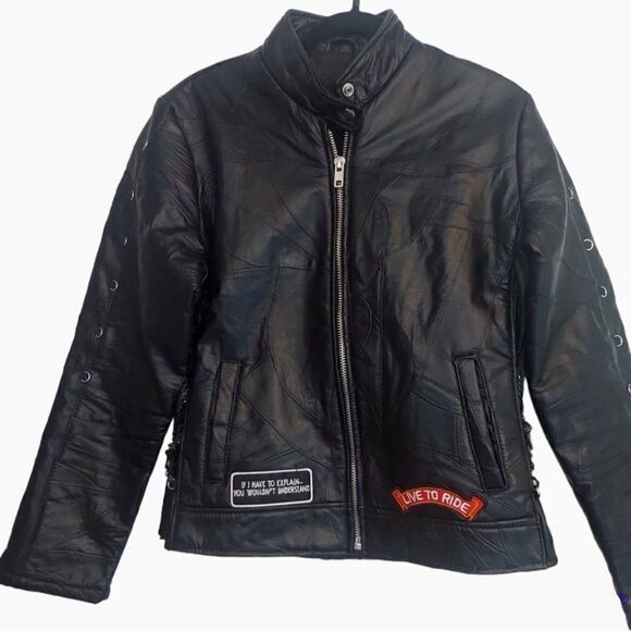 BUFFALO PLATE Leather Moto Motorcycle Biker Jacket Patches Full Zip - Picture 2 of 10